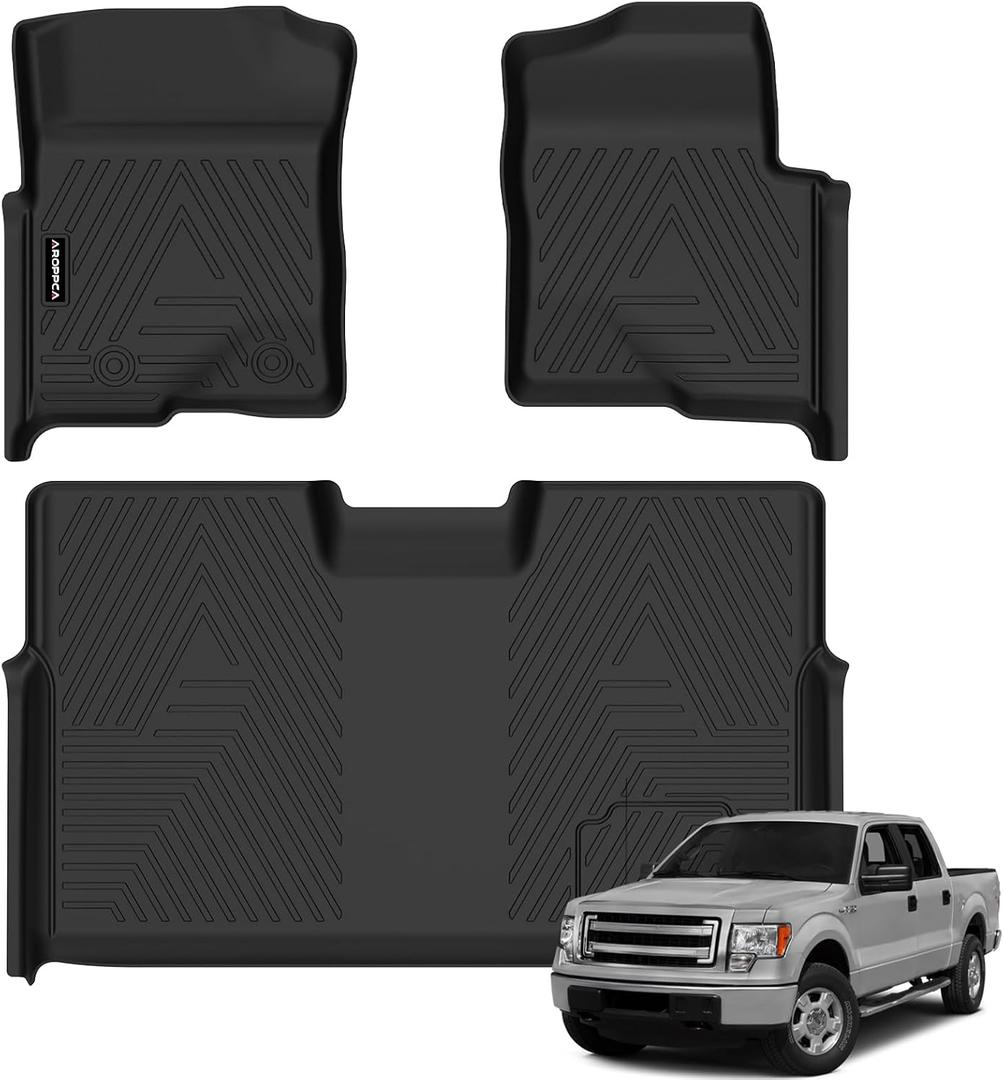 All Weather Floor Mats for 2010-2014 Ford F150 SuperCrew/Crew Cab | 1st Row Bucket Seat, TPE Rubber Floor Liners Anti-Slip Full Set Automotive Mats for 2014 F150 Accessories