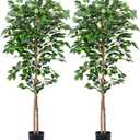 2Packs 5FT Artificial Ficus Trees with Realistic Leaves and Natural Trunk, Faux Ficus Tree with Sturdy Plastic Nursery Pot, Fake Ficus Tree for Office Home Farmhouse for Indoor Outdoor Decor