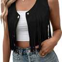 SweatyRocks Women's Suede Fringe Trim Sleeveless Crop Vest Jacket Button Front Coat (Large, Black)