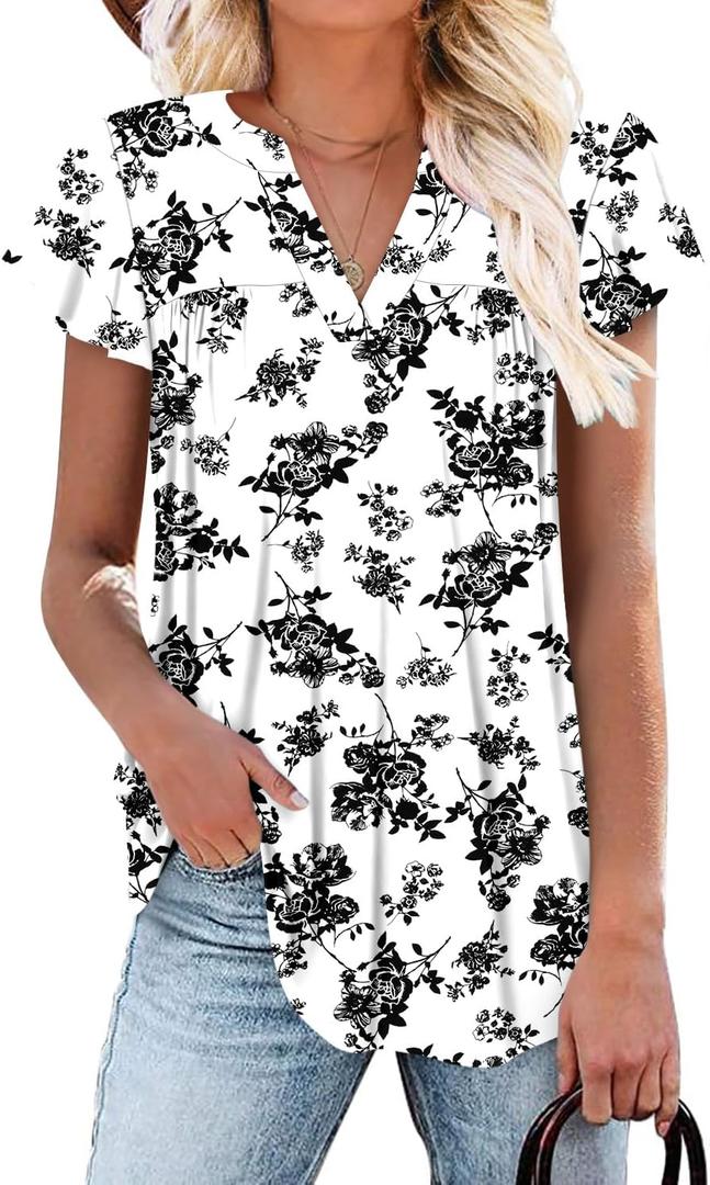 StunShow Womens Short Sleeve Shirts Summer Tunic Tops Floral Blouses 2025 Dressy Casual (S-3XL) (M)