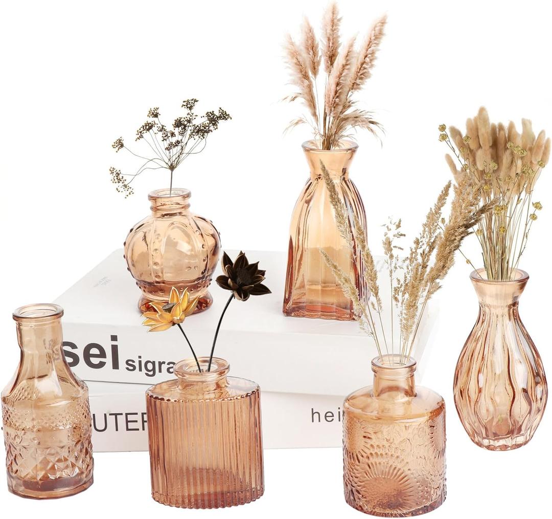 Petal Petite Glass Vase Set of 6 Small Amber Glass Bud Vases, Mini Vintage Flower Vases for Wedding Centerpieces & Table Dcor, Champagne Vases in Bulk for Single Stem, Home and Office Decor