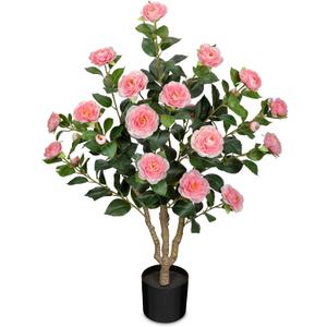 3ft Artificial Camellia Tree Fake Camellia Plant with Pink Flowers Faux Floral Plant Blooming Tree in Black Pot for Indoor Outdoor Office Home Front Door Porch Decor (1 Pack - Pink)