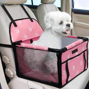 PetsHome Dog Car Seat Foldable Dog Car Booster Seat Waterproof Breathable Oxford Travel Bag for Small to Medium Dogs, Puppies, and Pets-Footprint Pink-Upgrade