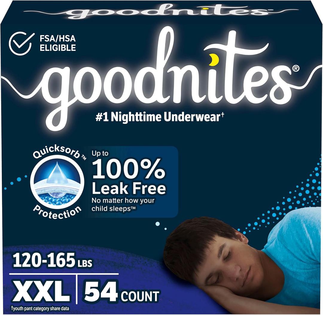 Goodnites Boys' Nighttime Underwear, Size XXL (120-165 lbs), 54 Ct, Packaging May Vary