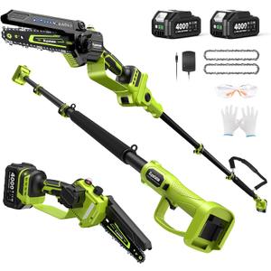 Electric Pole Saw, 6-Inch Cordless Mini Chainsaw with Extension Pole, Extendable to 16 ft, 2x4.0Ah Batteries, Tool-Free Chain Tensiong, Electric Pole Chainsaw for Tree Trimming & Thick Branch Cutting