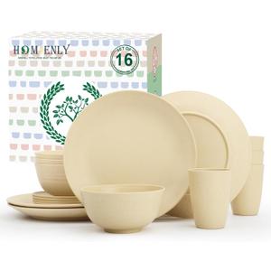 Homienly Premium Wheat Straw Dinnerware Sets, Lightweight & Unbreakable Plates and Bowls Sets,Cups,Service for 4,Dishwasher and Microwave Safe 16 PCS Dish Sets for HomeCamping- Beige