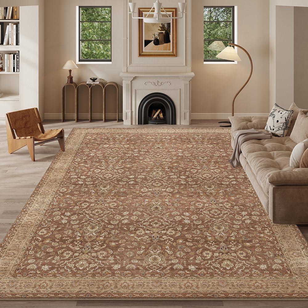 8x10 Area Rugs Reddish Brown Washable Rug for Living Room, Dining Room, Bedroom, Large Carpets, Non Slip & Non-Shedding Low Pile Vintage Print Rug for Home Office Decor