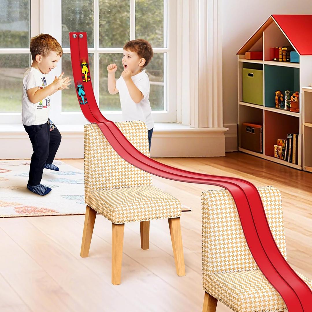 16 Ft Flexible Race Car Ramp Track for Kids Toy with Suction Cups, Compatible with Diecast 1/64th Cars, Rolls Up Portable Racetrack Party Favor Gifts for Boys Ages 3-10 Year Old (Racing Red)