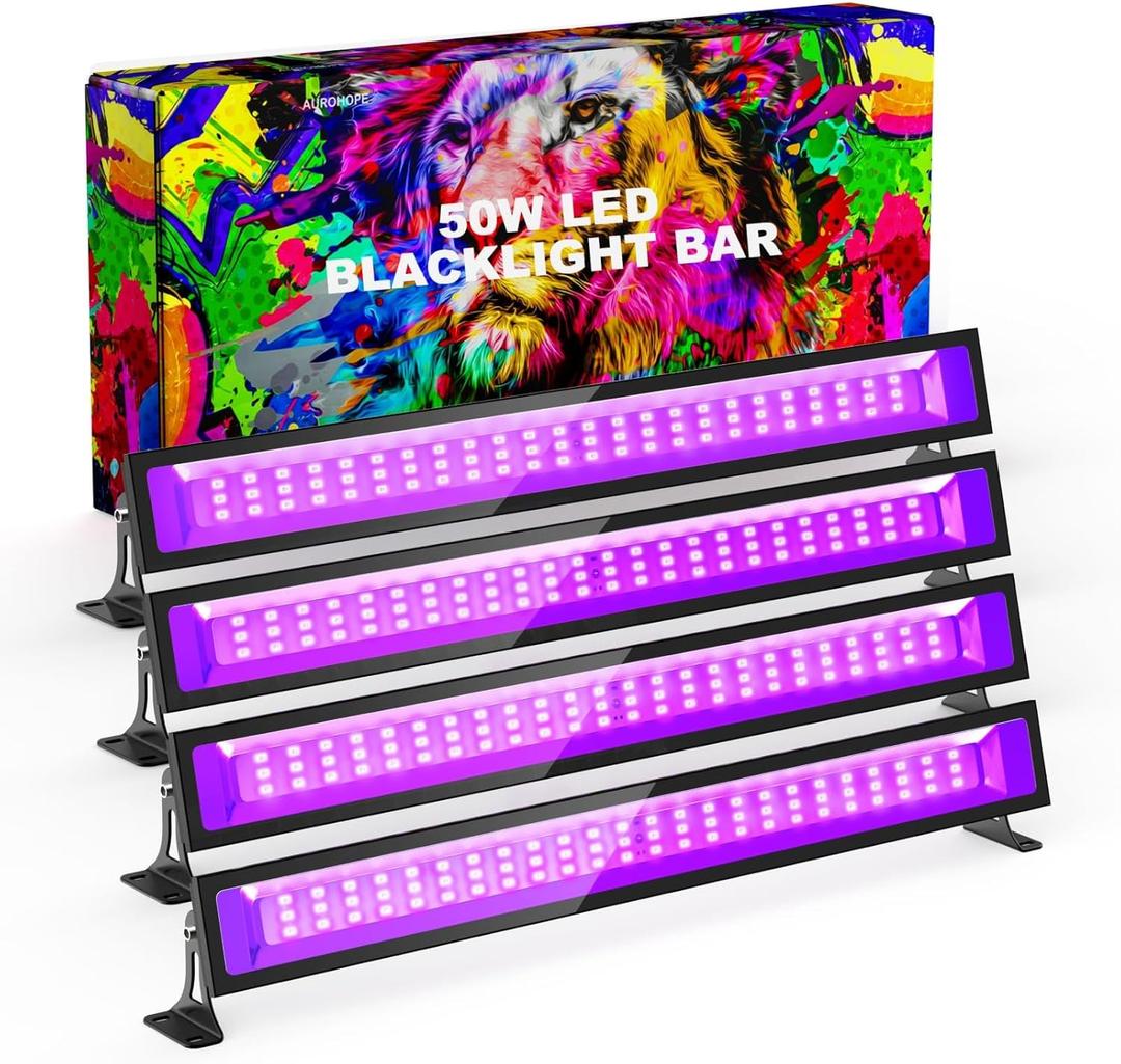 50W LED Black Light, 385nm UV Light Bar with Plug & Switch, IP66 Waterproof Blacklights for Glow Parties, Neon Decor, Halloween, Stage Lighting (4 Packs)