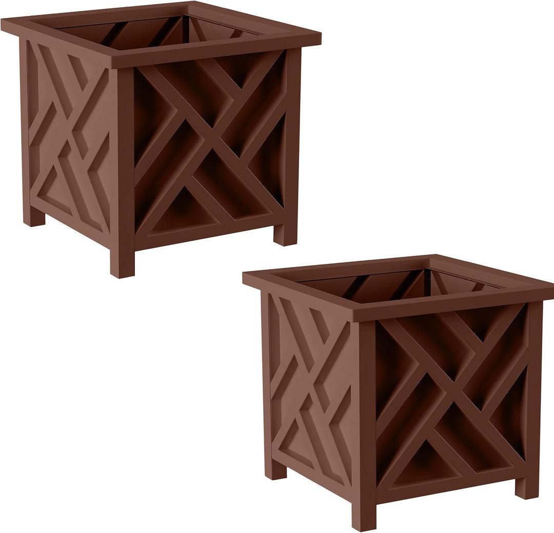 Lattice Design Outdoor Planter Box 2-Pack - 14.75 Square 13 Tall Brown Decorative Plant Pots for Front Porch Decor - Flower Pots Outdoor Planters for Porch Patio or Garden Decor by Pure Garden, Pack of 2