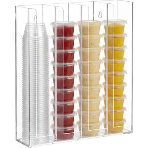 Sliner Acrylic Wall Mount Portion Sauce Cup Lid Organizer, 4 Compartment Clear Disposable Cup Holder for Storage in Restaurant, Kitchen, Cafes, Includes Screws and Anti-slip Pads, Fits 1/1.5/2 oz Cups