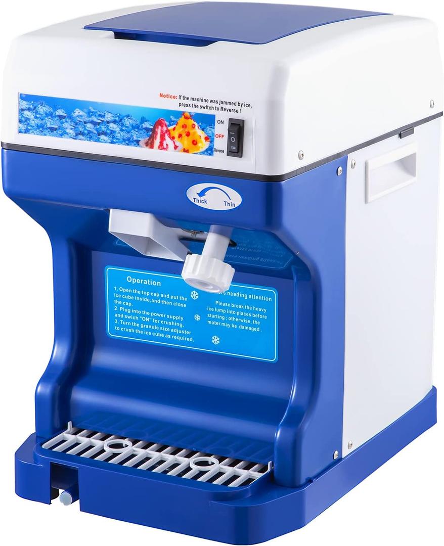 VEVOR 110V Electric Shaved Ice Machine 500W Snow Cone Maker Tabletop w/Adjustable Ice Texture, Ice Shaving Machine 265LBs/hr for Home and Commerical Use (Blue)