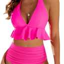 Edelqual Women High Waisted Bikini Sets Two Piece Swimsuit Ruffle Tummy Control Bathing Swim Suit Halter V Neck Swimwear (X-Large, Rose Red)
