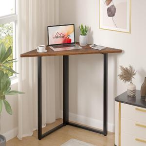 VECELO Corner Desk,Office Tables for Living Room for Small Space Triangle Computer Desk with Steel Frame Corner Shelves with Metal Frame Writing Desk for Workstation Classic Brown 31.1"