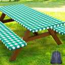 Smiry Picnic Table Cover with Bench Covers, Waterproof Elastic Fitted Tablecloths for 6 Foot Rectangle Tables, Washable Buffalo Plaid Tablecloth for Camping, Outdoor (Green & White, 30"x72")