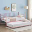 Twin Daybed with Trundle, Metal Twin Size Daybed with Steel Slat Support, Space Saving, Sofa Bed with Pullout Trundle 6 Casters, for Bedroom, Guest Room, Pink