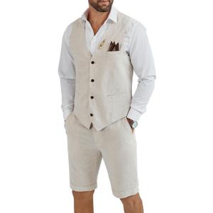Men's Linen 2 Piece Suit Slim Fit Wedding Groom Groomsmen Summer Vest Shorts Set (Beige), Size XXL
