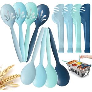 Reusable Plastic Serving Utensils Set of 12, Wheat straw Large Serving set 10" Serving Spoons/10" Slotted Spoons/9.4" Tongs, for Party Buffet Catering (Ocean, Not for Cooking)