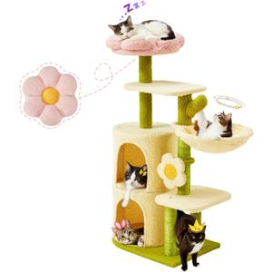 Erinnyees Flower Cat Tree, 38.2 Inches Cat Tower, Multi-Level Indoor Kitty Tree Tower, Kitty House with Cozy Top Flower Platform, Spacious Condos, Soft Hammock, Sisal Scratching Post