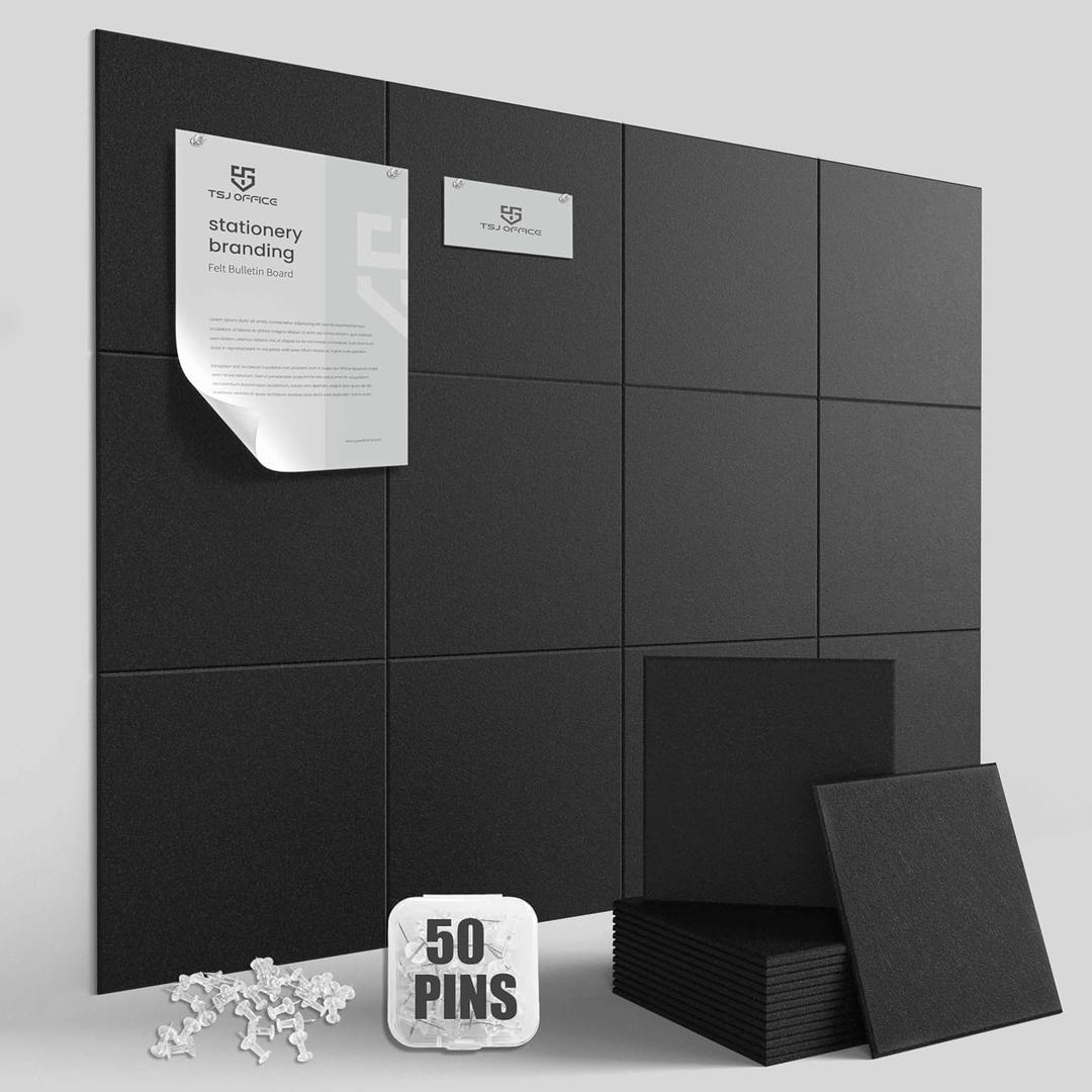 TSJOFFICE Large Cork Board for Wall - Bulletin Board 48" x 36" with 50 Pushpins for Office Decor, Pin Board 12 Pack Felt Wall Tiles with Safe Removable Adhesive Tabs, Corkboard for Home Office - Black