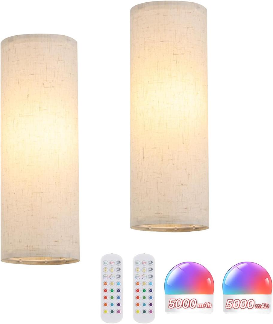 Adhesive Battery Operated Wall Sconce Set of 2, 5000 mAh Battery Rechargeable Bulb with 12 RGB Colors, Stick on Wall Sconce No Drill Wall Lights, Linen