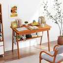 100% Solid Wood Writing Desk - 39.4" Mid Century Modern Home Office Desks, Small Computer Desk for Small Spaces with 2 Drawers and Storage Shelf, Laptop Study Table for Bedroom/Living Room, Walnut