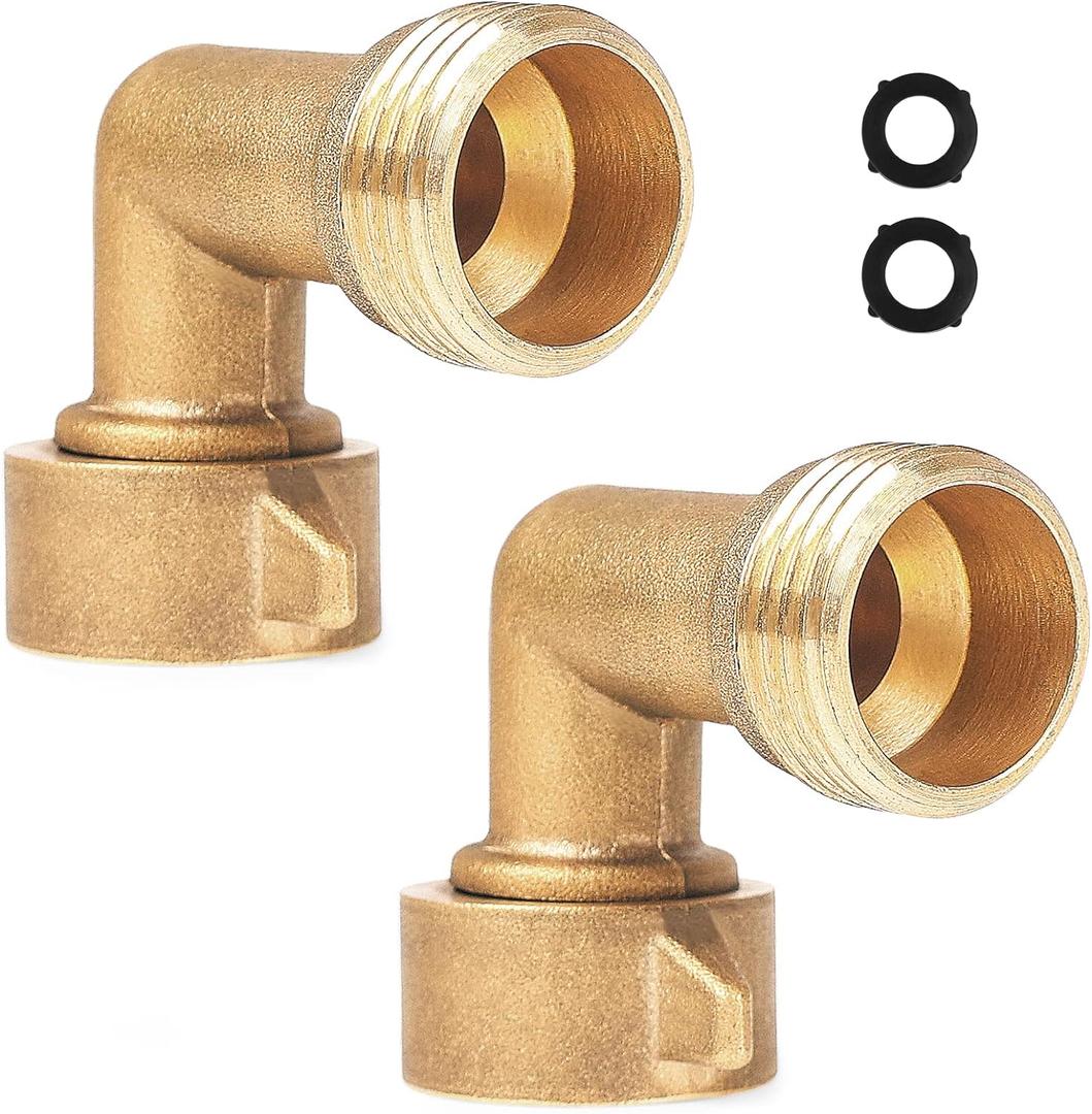 2Pack 90 Degree Hose Elbow - RV & Garden Faucet Adapter, 3/4" Solid Brass, Hose Adapter for RV Water Hookups Residential Outdoor Faucets