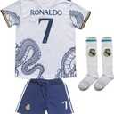 Madrid Ronaldo No #7 Special Dragon Edition Kids Soccer Jersey Kit Shorts Socks Set Youth Sizes (26, White)