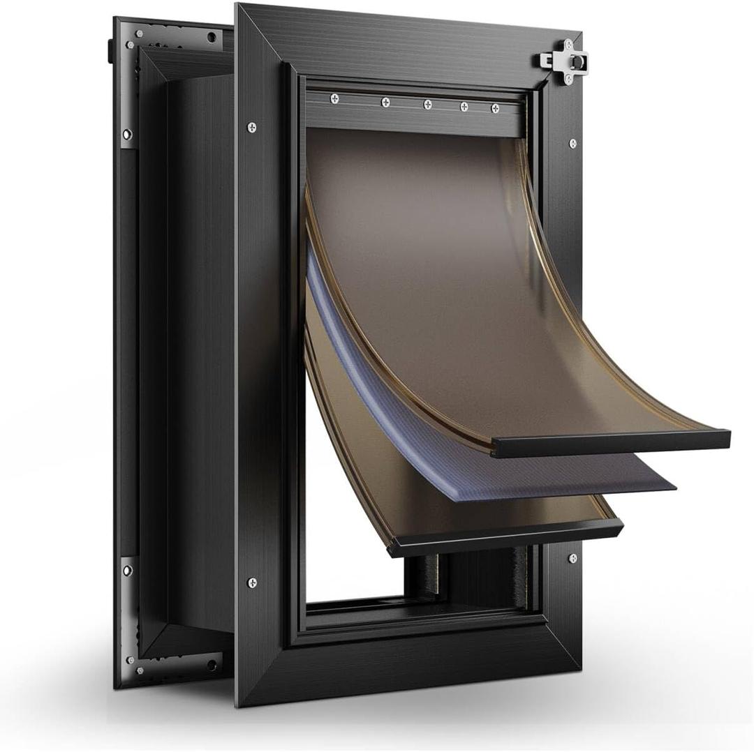 3-Flap Dog Door, All Aluminum Alloy Large Doggy Door Doggie Door for Wall, Heavy Duty Pet Door Easy to Install, Energy Efficient, Telescoping Tunnel for Interior & Exterior Wall, Pet Up to 45Lb-Black Size: Medium