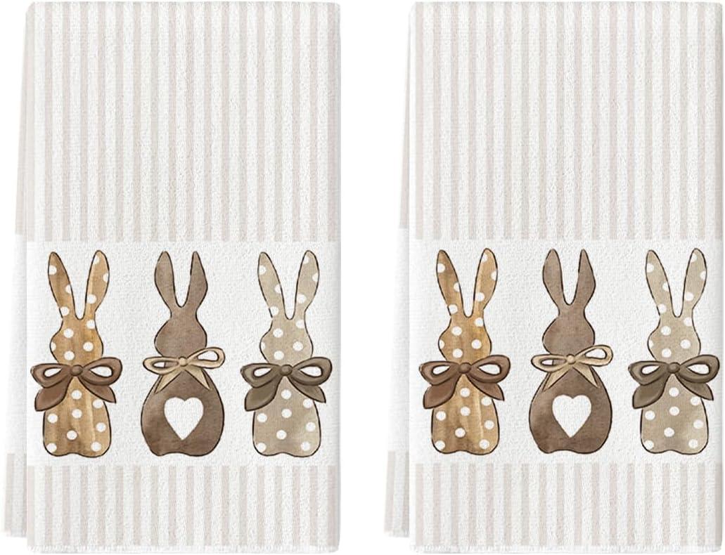 Artoid Mode Wood Stripe Rabbit Bunny Easter Kitchen Towels Dish Towels, 18x26 Inch Seasonal Spring Decoration Cleaning Set of 2