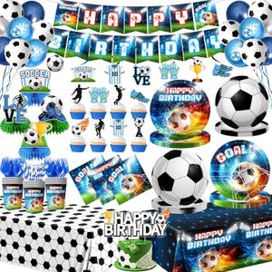 Soccer Birthday Party Decorations, 197Pcs Soccer Party Decorations with Plates,Napkins,Cups,Tablecloth,Banner,Hanging Swirls,Honeycomb,Balloons,Cupcake Topper for Boys Sports Theme Birthday Supplies