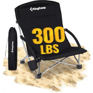 KingCamp Low Beach Chair, High Back Folding Camping Chair for Adults, Oversized Breathable Mesh Seat, 300lbs Heavy Duty Portable Chair with Cup Holder & Storage Pockets for Beach, Outdoor
