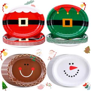 Havawish 52 Pcs Santa Belt Christmas Oval Paper Plates Platters 10" x 12.5" Large Disposable Platters Santa Christmas Plates Red and Green Dinnerware Set Xmas Dinner Plates Table Decorations