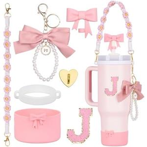 Rabrgab 7Pcs Pink Stanley Cup Accessories for 40Oz 30Oz 20Oz, Women Teen Girls Gifts, Stanley Tumbler Cup Decoration with Straw Topper, Bow Charm, Silicone Boot, Handle Strap, Letter Sticker J
