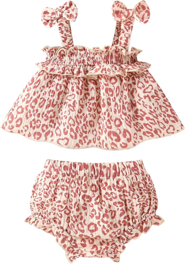 Infant Toddler Baby Girl Summer Cotton Clothes Strap Ruffle Smocked Top and Shorts 2Pcs Outfit Clothing Set (18-24 M)