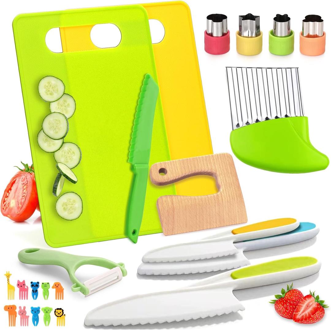2 x 23 Pcs Kids Knife Set for Real Cooking, Montessori Kitchen Toys for Toddlers Kids Cooking Sets, Toddler Knife Set with Plastic Children Safe Knives, Wooden Knife, Potato Slicers, Peeler, Cutting Board
