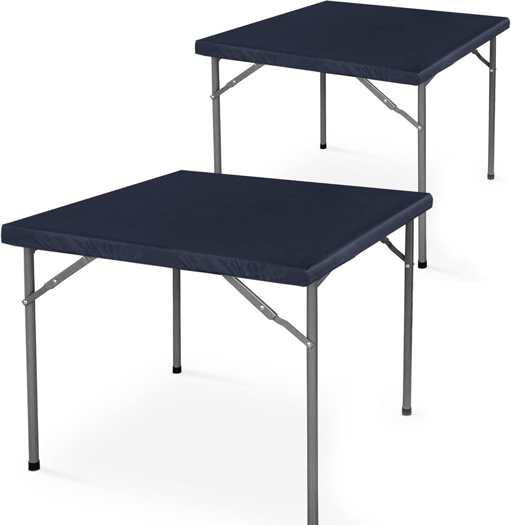 LUSHVIDA 2 Packs Vinyl Card Tablecloth with Flannel Backing 34x34 inch - Waterproof Plastic Picnic Table Cover for Square Folding Table Cloth with Elastic Corners, Navy Blue