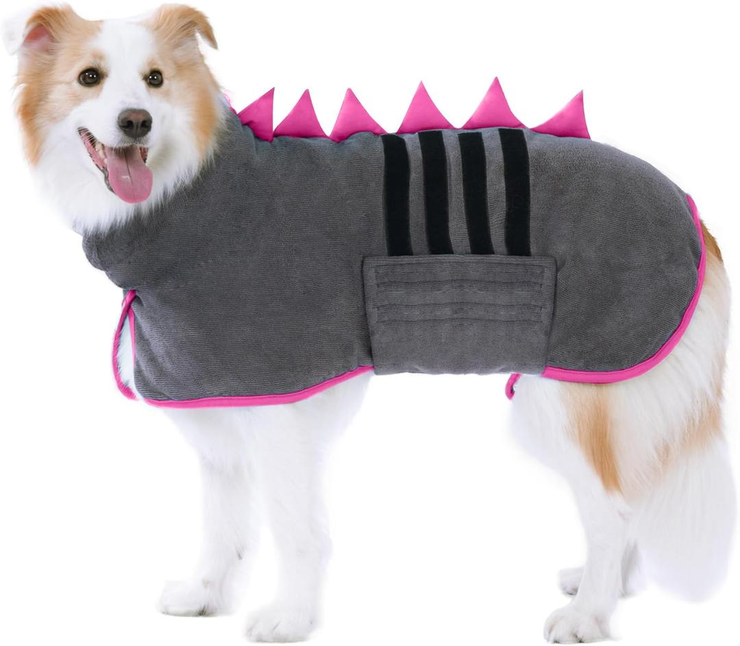 Super Absorbent Dog Bathrobe, Microfiber Bath Robe Towel for Fast Drying, Cozy Fit, Adjustable Belly Strap, Unique Dinosaur Design Dog Drying Coat for Bath, Rainy Walks & Cold Weather (XX-Large, Grey, Pink edging)