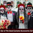Tigeen 7 Pieces Halloween Day of the Dead Costume Accessories Set for Men and Women Skeleton Rose Couple Costume Skeleton Gloves Men's Hat Bow Tie Rose Floral Crown Veil Hair Clip