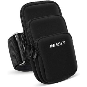 3 Pockets Running Phone Armband Holder for iPhone 16 15 14 Pro Max 13 Plus 12 11 XS XR X 8 7 Galaxy S23 Pouch Key Card Bag, Water Resistant Cell Phone Sport Arm Bands for Exercise Walking Workout Gym (Black)