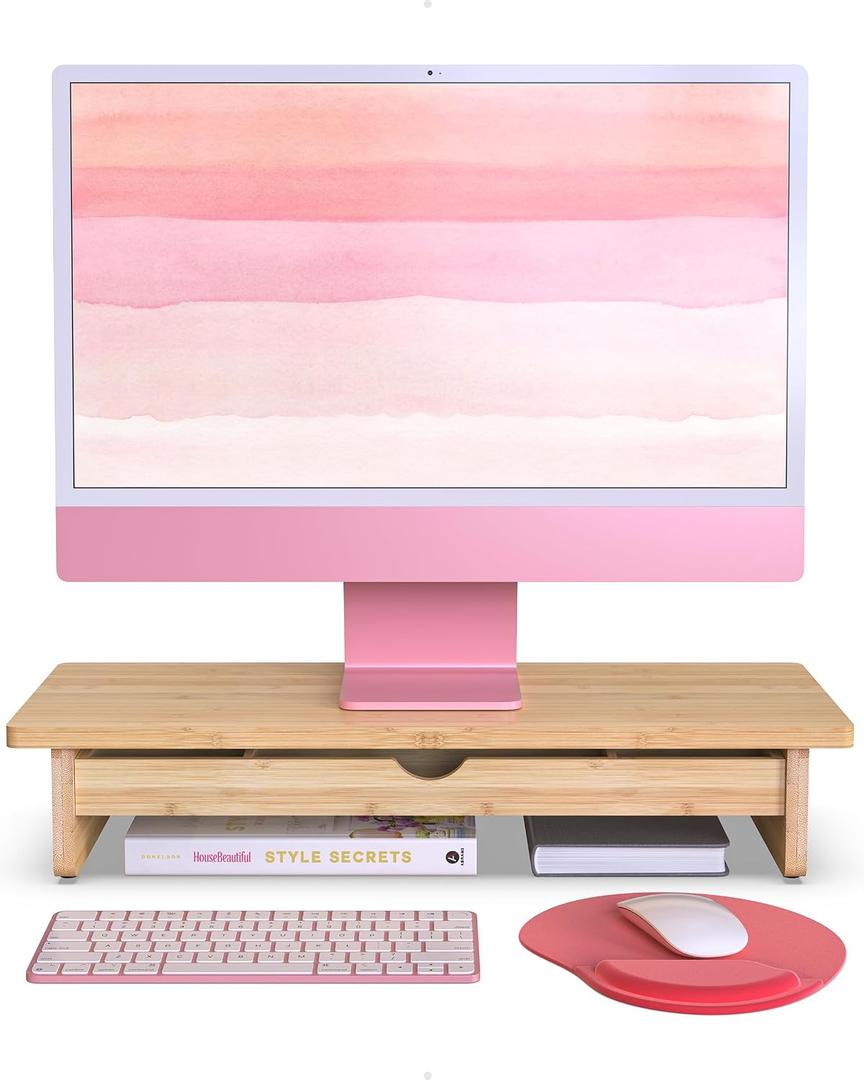 Bamboo Monitor Stand with Large Storage Drawer,23 Inch Ergonomic Computer Riser for Desk, Holds Up to 220lbs, Screen Shelf with 5 Compartments for Keyboard & Stationery Organization