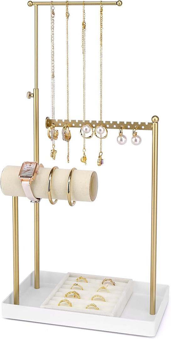Jenseits Jewelry Organizer Stand with Ring Holder - 3-Tier Gold Jewelry Holder Tower with Velvet Tray, Necklace Holder, Bracelet & Earring Display Stand for Women, Gift for Her