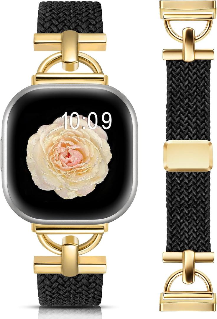 Wearlizer Magnetic Braided Band Compatible with Fitbit Versa 4/Versa 3/Sense 2 1 Bands Women Men, Designer D-Shape Stretchy Elastic Nylon Strap for Versa 3 4 Sense 2 Smartwatch Accessories