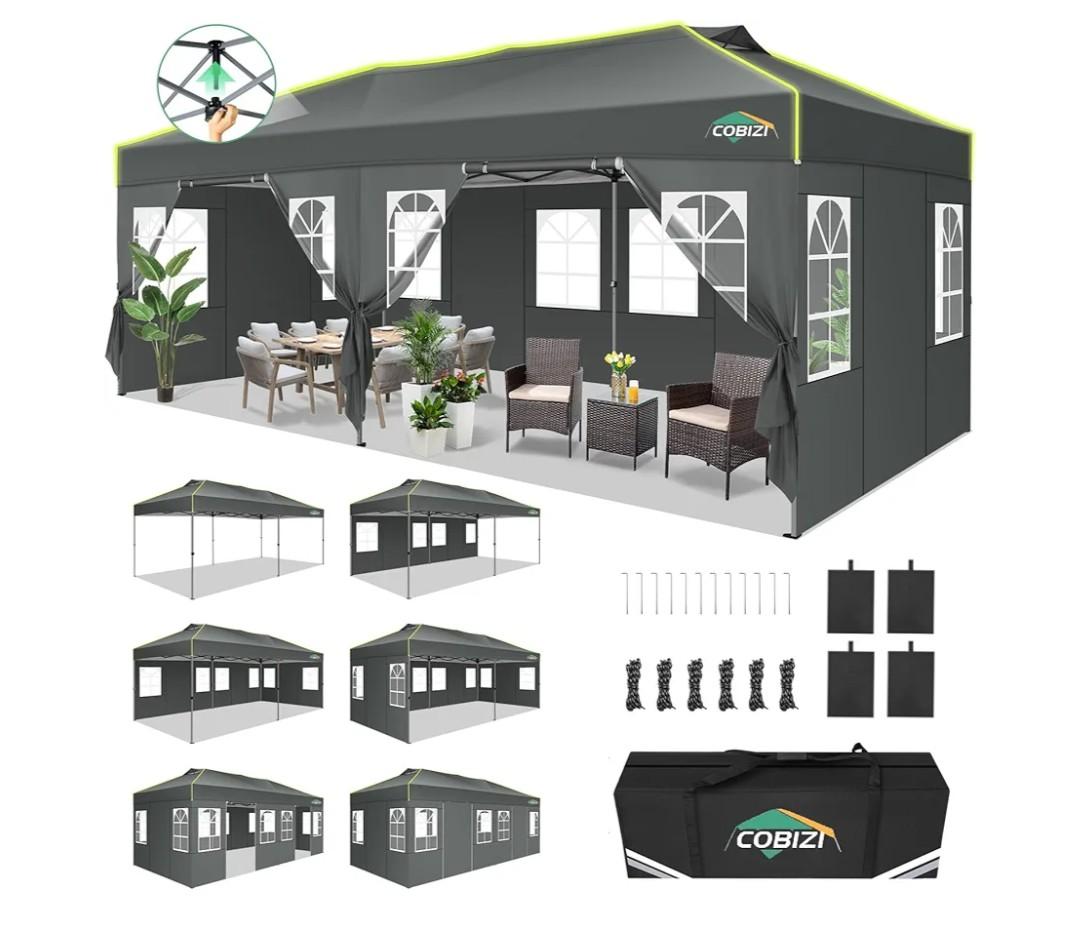 COBIZI 10x20 Pop Up Canopy Tent with 6 Removable Sidewalls, One Push Party Tent Outdoor Waterproof Event Canopy with Air Vent for Parties Commercial Wedding, 3 Height, Carry Bag, Sandbag, Black