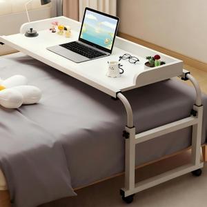 Overbed Table with Wheels and Desktop Enclosure, Height and Length Adjustable Over Bed Desk King Queen Bed Table Overbed Laptop Table (White)