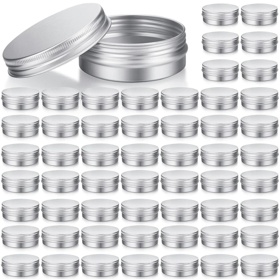 Patelai 64 Pieces Lip Balm Tin Containers Screw Top Round Tin Cans Aluminum Jar with Screw Lid, Empty Bottle Travel Cosmetic Sample Container for DIY(2 Oz, Silver)