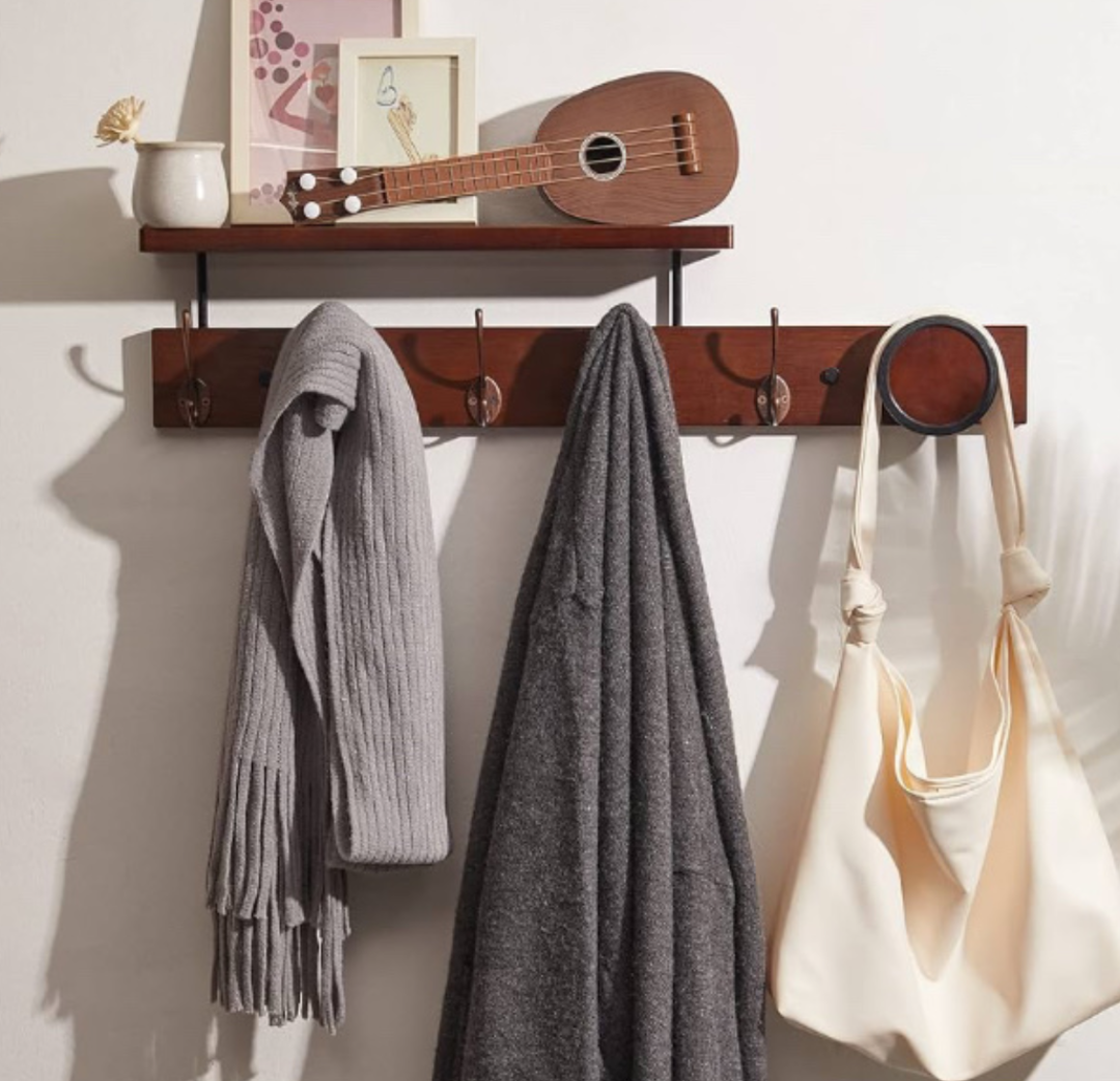 UWAET Coat Rack Wall Mounted with Shelf 27.5 Inch Length Wall Hanging Shelf Bamboo Coat Hooks with 6 Hooks for Entrance, Living Room,Bedroom, Bathroom (6 Hooks)