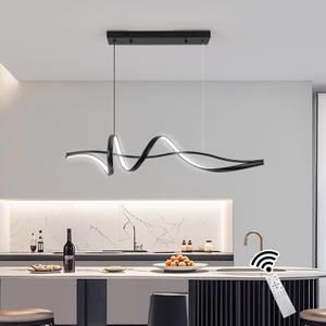 Modern LED Chandelier for Dining Room, 39in Dimmable Linear Wave Spiral Ceiling Chandeliers with Remote, Black Hanging Pendant Light Fixtures for Kitchen Island Over Table, 60W