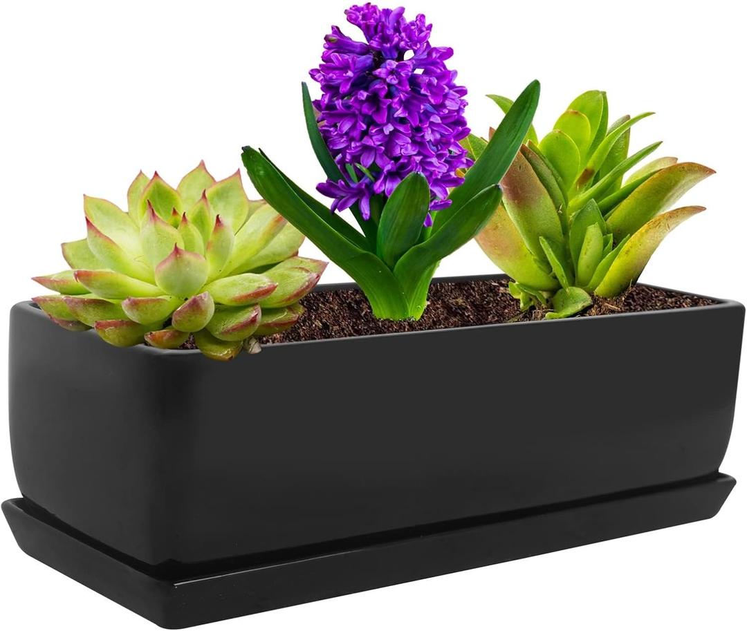 Vencer 14 Inch Rectangular Modern Minimalist Ceramic Succulent Planter Pot - Window Box with Saucer,Office Desktop Potted Stand,Black,VF-0175B