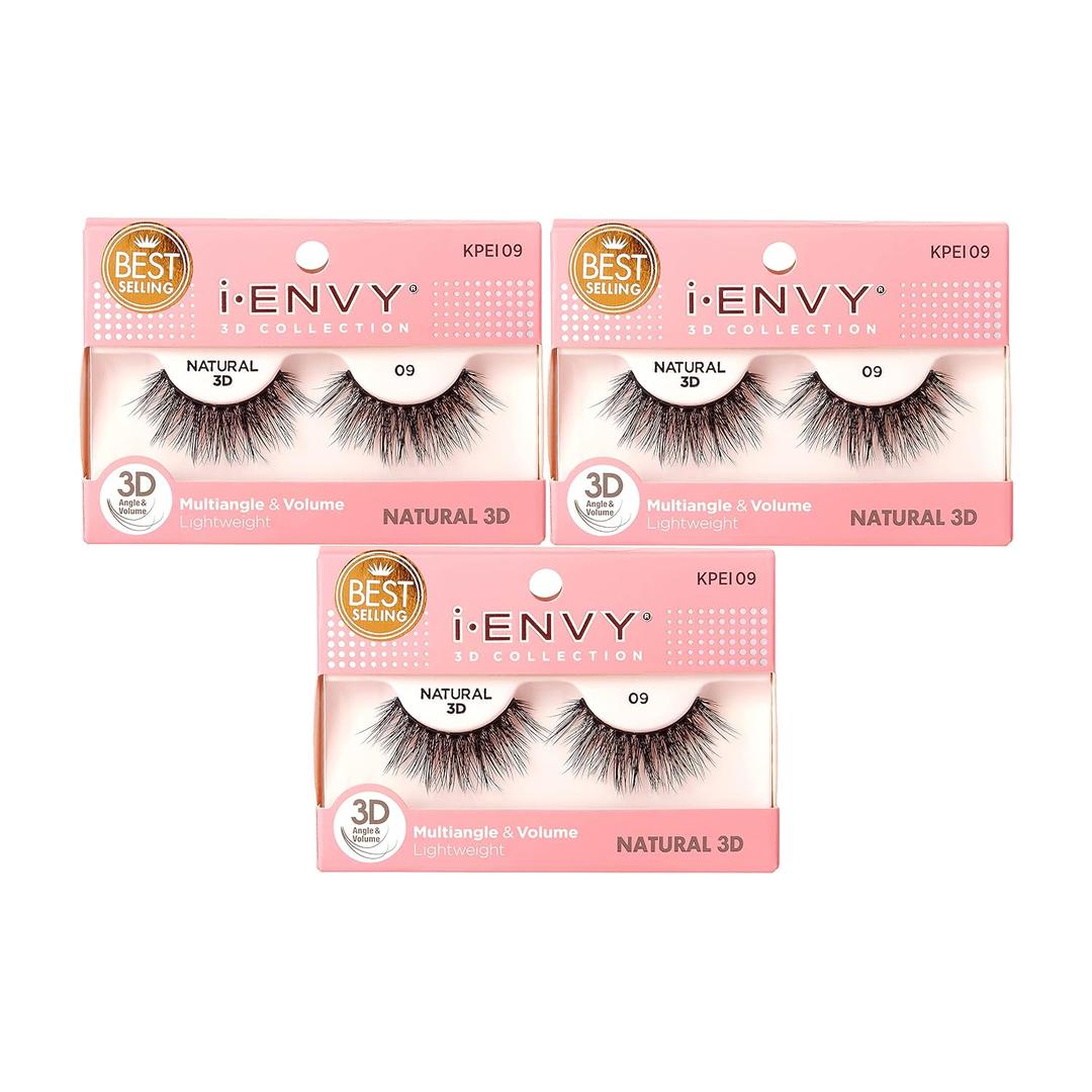 iEnvy Natural Eyelashes Lightweight False Lashes Multiangle and Volume 3D Natural Strip Lashes (3 Pack)
